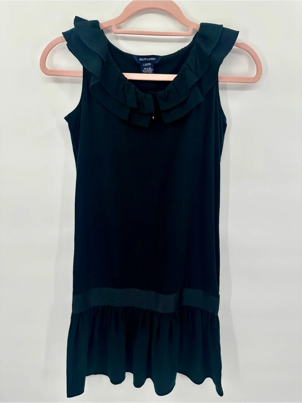 Ralph Lauren Girls Black Ruffle Hem Dress Size Large 12-14 Sleeveless 1298